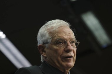 Avrupa Birliği Dış İlişkiler ve Güvenlik Yüksek Temsilcisi Josep Borrell, 17 Şubat 2020 'de Brüksel' deki Europa binasında düzenlenen Eu Dışişleri bakanları toplantısında basın toplantısı düzenledi..