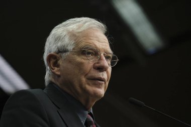 Avrupa Birliği Dış İlişkiler ve Güvenlik Yüksek Temsilcisi Josep Borrell, 17 Şubat 2020 'de Brüksel' deki Europa binasında düzenlenen Eu Dışişleri bakanları toplantısında basın toplantısı düzenledi..