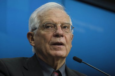 Avrupa Birliği Dış İlişkiler ve Güvenlik Yüksek Temsilcisi Josep Borrell, 17 Şubat 2020 'de Brüksel' deki Europa binasında düzenlenen Eu Dışişleri bakanları toplantısında basın toplantısı düzenledi..