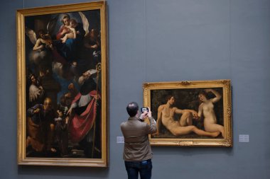 Yüz maskesi takan bir ziyaretçi, koronavirüsün yayılmasını önlemek için 19 Mayıs 2020 'de Brüksel, Belçika' daki Royal Museum of Fine Arts 'a bir gezi düzenler..