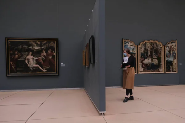 2020年5月19日 在比利时布鲁塞尔的皇家美术博物馆 游客们在观看画作时戴着面具 以防止考罗纳威病毒的传播 — 图库照片