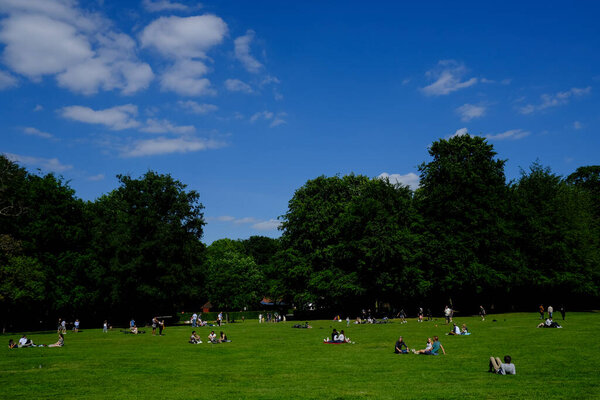 People enjoy the sun in the Bois de la Cambre urban public park in Brussels, Belgium, 17 May 2020.
