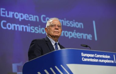 EU foreign policy chief Josep Borrell attends in a video press conference following the International Donors' Conference at the EU headquarters in Brussels, Belgium on May 26, 2020.  clipart