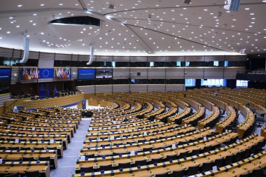 Brüksel, Belçika. 13 Mayıs 2020. Avrupa Parlamentosu 'nun bir günlük genel kurul toplantısında hemicycle' a genel bakış .