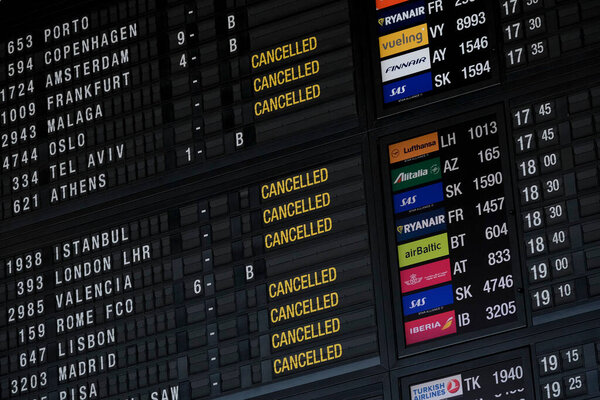 A departure timetable board displays cancelled flights at Brussels Airport in Brussels, Belgium on May 15, 2020.