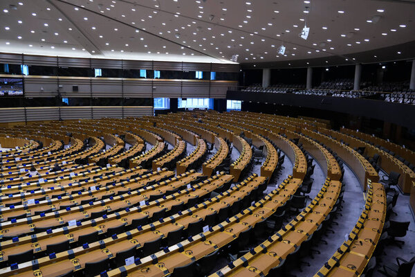 Brussels, Belgium. 13th May 2020. General view of hemicycle during a one day plenary session of European Parliament .