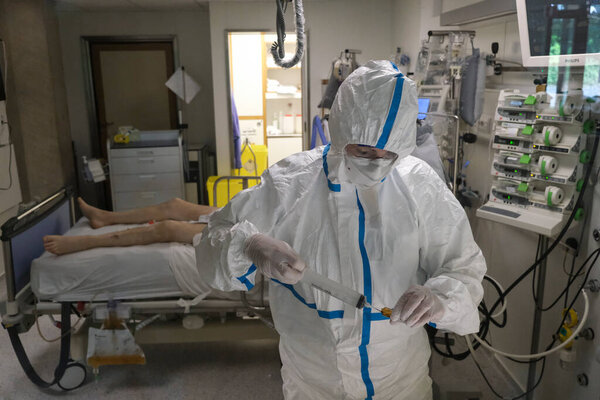Medical staff work in the intensive care ward for COVID-19 patients in University Hospital of Liege in Belgium on May 5th, 2020. 