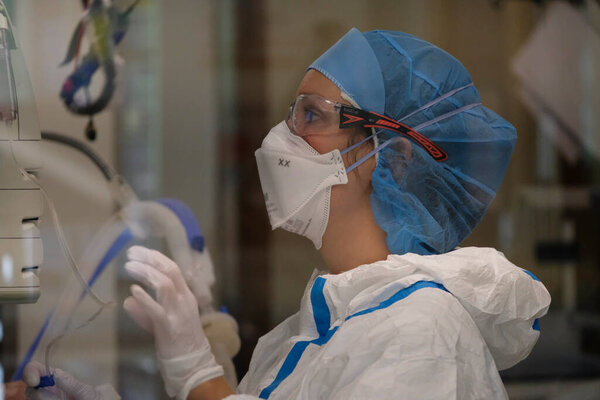 Medical staff work in the intensive care ward for COVID-19 patients in University Hospital of Liege in Belgium on May 5th, 2020. 