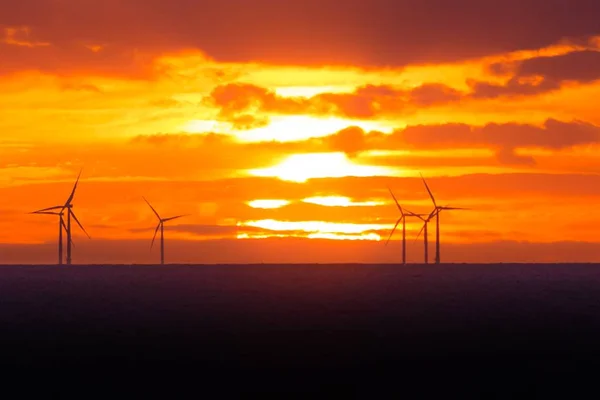 Sunset at wind turbines windmills offshore clean power farm near — Stock Photo, Image