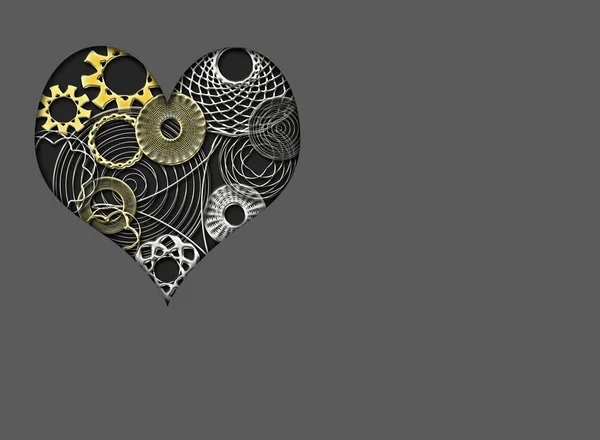 3d render hart zilveren gouden tandwielen Valentijnsdag met copyspace — Stockfoto