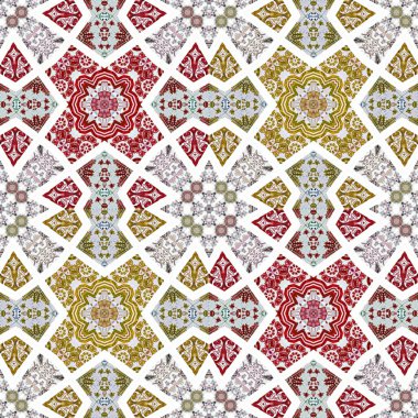 Kusursuz retro sofistike süslemeli seramik fayanslar veya şarap kırmızı ve hardalda dijital olarak üretilen kumaş baskısı.