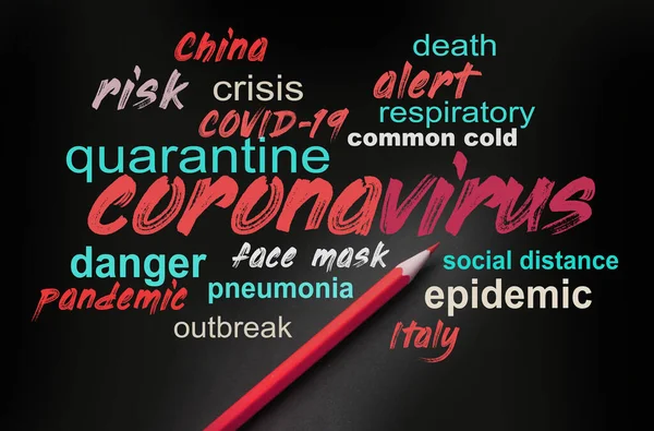 Coronavirus Gerelateerde Woorden Wolk Handgeschreven Met Rood Potlood Naast Virus — Stockfoto