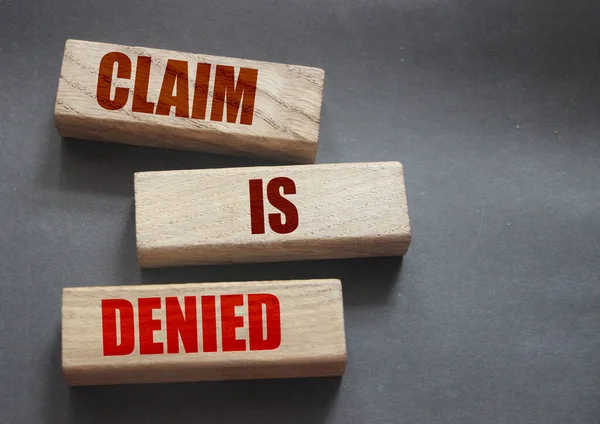 Claim Denied Wooden Blocks Dark Grey Background Copyspace Answer Business — Stock Photo, Image