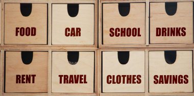 Yemek arabası okulu içkileri dolabın ahşap çekmecesine yazılan kelimeleri saklar. Gelir para dağıtımını kasıtlı olarak. Eğitimsel ev muhasebe konsepti