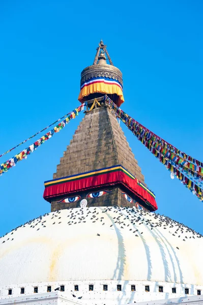 Färgglada Böneflaggor Kopplade Samman Boudha Stupa Katmandu Nepal Den Stora — Stockfoto