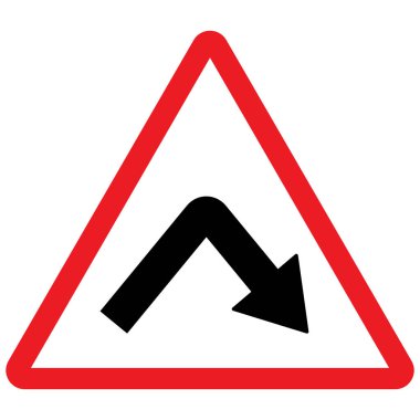 Sağ trafik sembolü illüstrasyonuna doğru keskin eğil. Kırmızı üçgen arka plan. Yol trafik işareti.