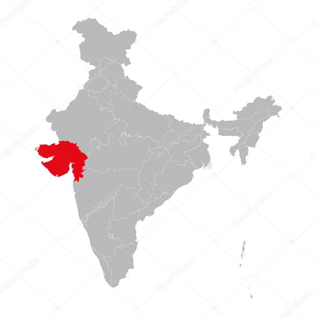 Gujarat map marked red on India political map vector illustration. Gray