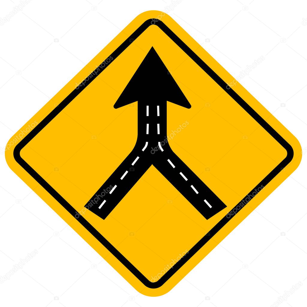 Warning sign two way road merge. Traffic symbol.