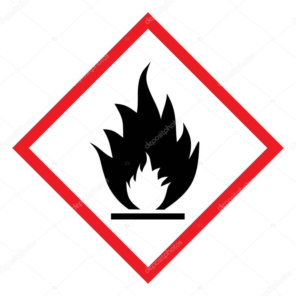 Flammable CLP hazard symbol. Diamond shape red border and white background.