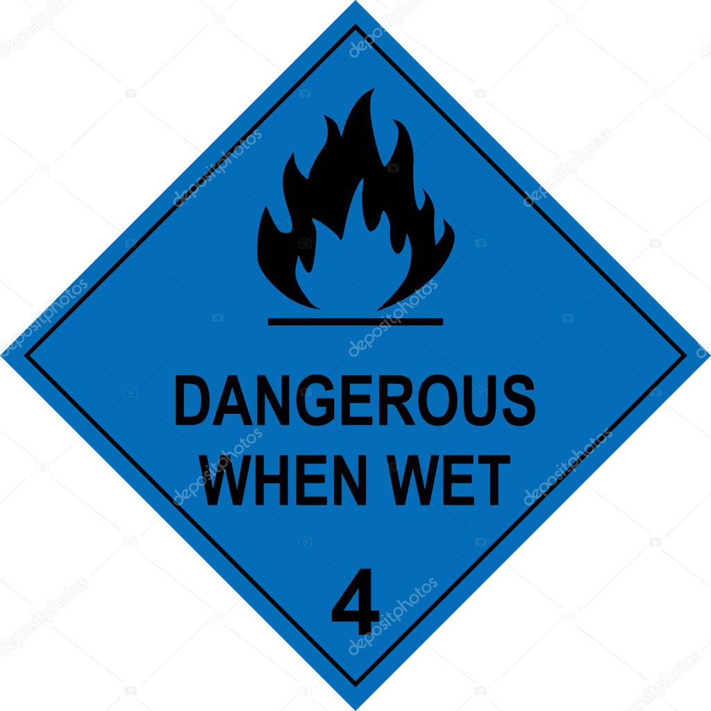 Flammable solid dangerous when wet caution sign. Dangerous goods placards class 4. Black on cyan-blue background.