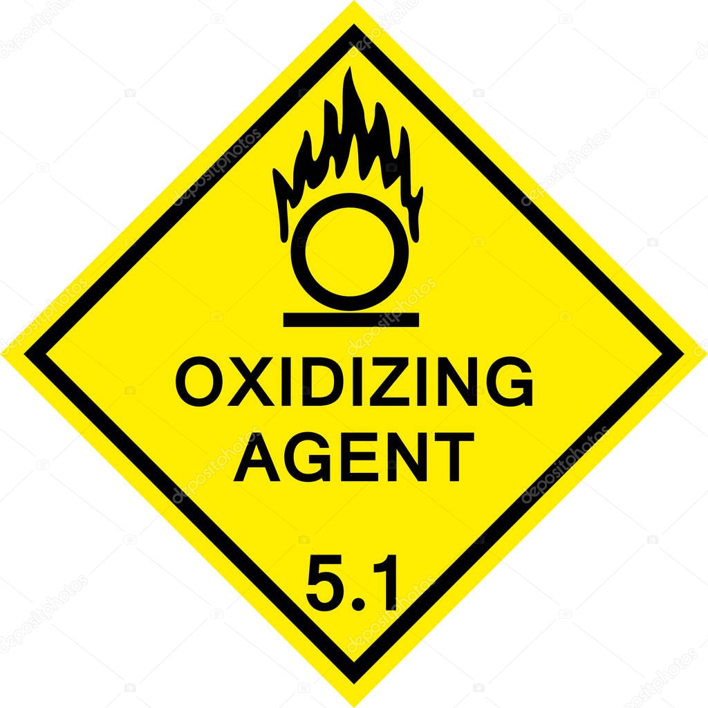 Oxidizing agent caution sign. Dangerous goods placards class 5.1. Black on yellow background.