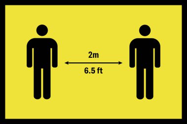 Enfeksiyon riskini azaltmak için 2 metre (6.5 feet) koronavirüs mesafesi talimatı. Uyarı işareti. Sarı arka planda siyah.