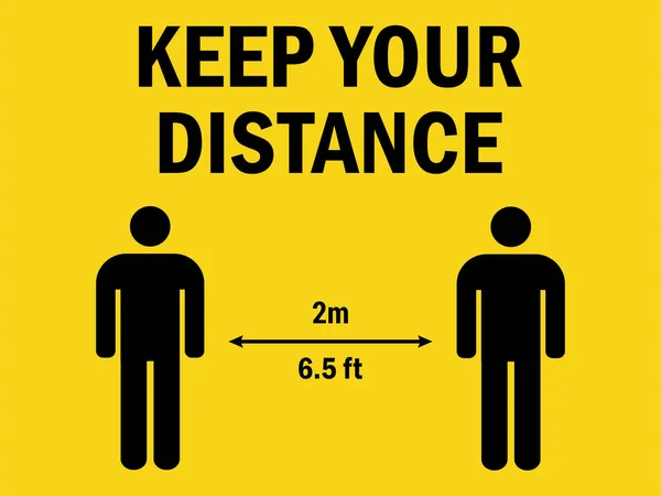 Mesafenizi 2 metre koruyun. Uyarı işareti. Sarı arka plan. Arkaplan, arkaplan, poster, etiket, çıkartma ve duvar kağıdı için mükemmel.