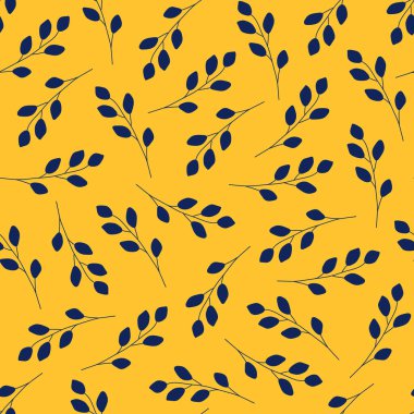 Sarı arka planda yaprakları olan mavi bir dalın kusursuz deseni. Romantik baskı vektör grafikleri. Botanik desen