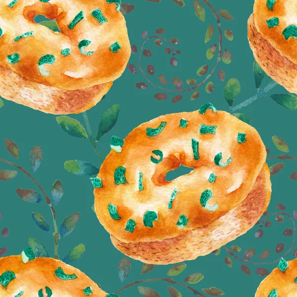 Seamless pattern with delicious donuts. Watercolor illustration. — Stock Photo, Image