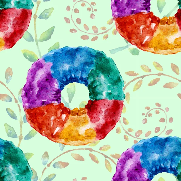Seamless pattern with delicious donuts. Watercolor illustration. — Stock Photo, Image