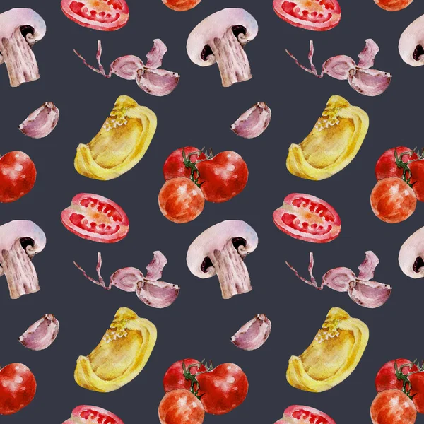 Nahtloses Muster mit Tomaten, Pilzen. Aquarellillustration. — Stockfoto