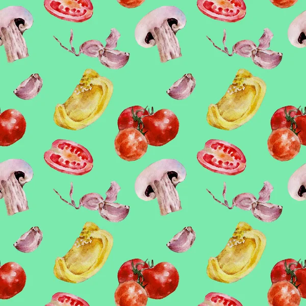 Seamless pattern with tomatoes, championing, mushrooms. Watercolor illustration. — Stock Photo, Image