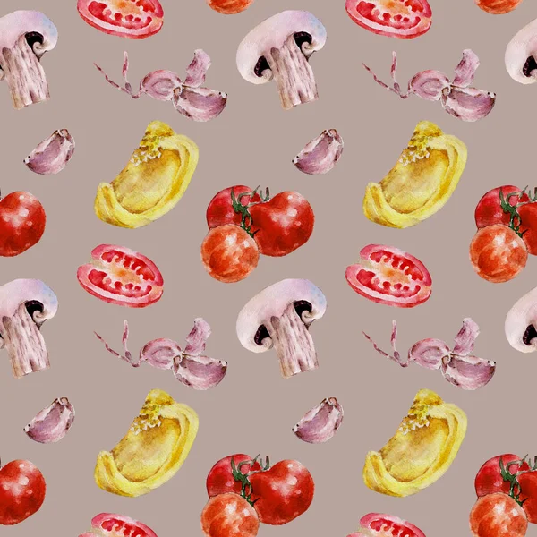 Nahtloses Muster mit Tomaten, Pilzen. Aquarellillustration. — Stockfoto