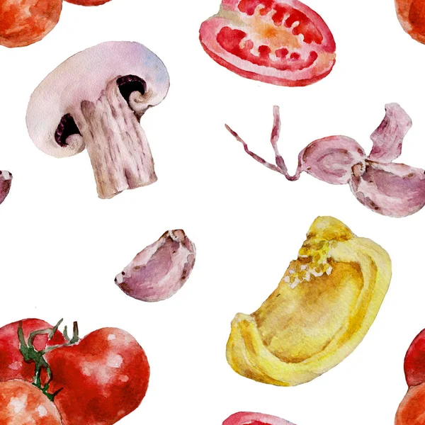 Seamless pattern with tomatoes, championing, mushrooms. Watercolor illustration. — Stock Photo, Image