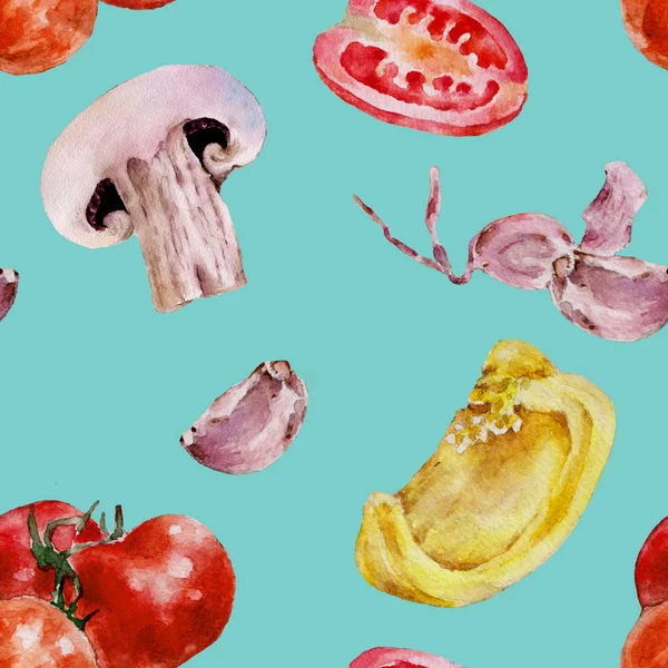 Seamless pattern with tomatoes, championing, mushrooms. Watercolor illustration. — Stock Photo, Image