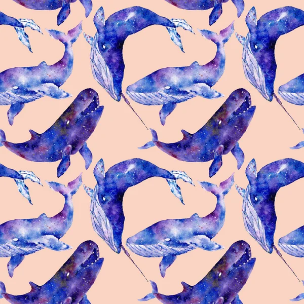 Seamless pattern with whales. Watercolor illustration. — Stock Photo, Image