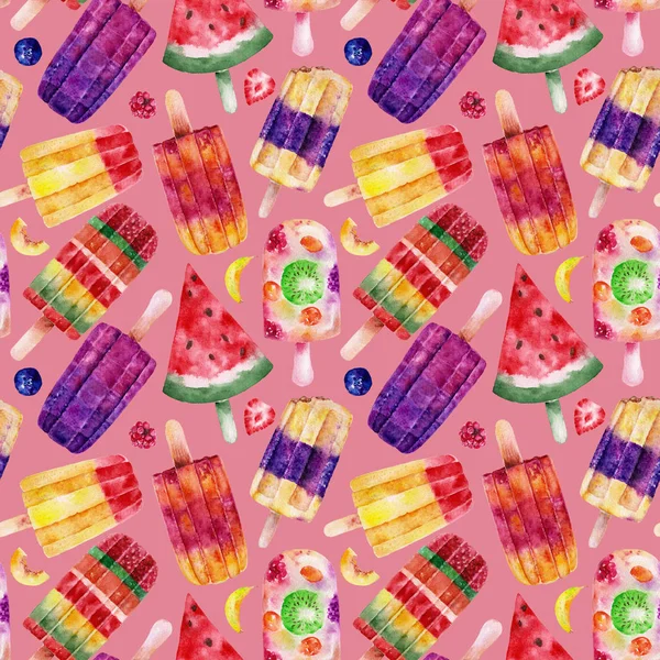 Seamless pattern with ice cream. Watercolor illustration.