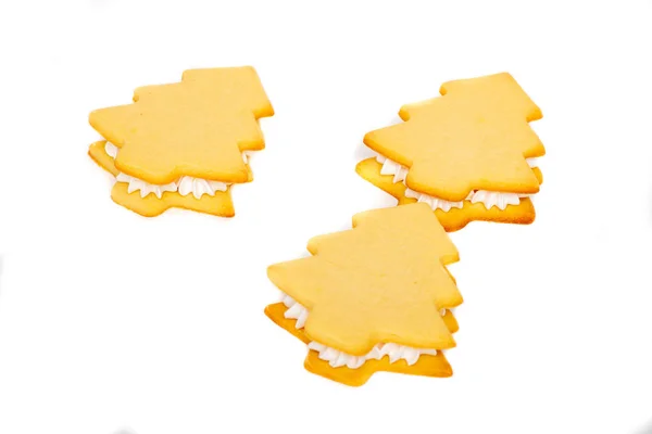 Biscuits Cuisson Sandwich Sapin Noël Sur Une Assiette Blanche Crème — Photo