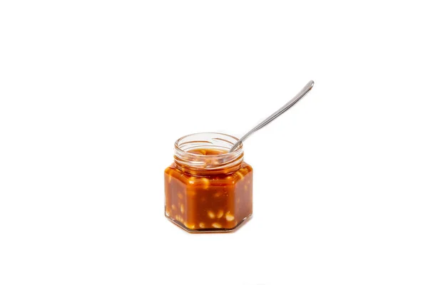 Jar Caramel Spoon White Background — Stock Photo, Image