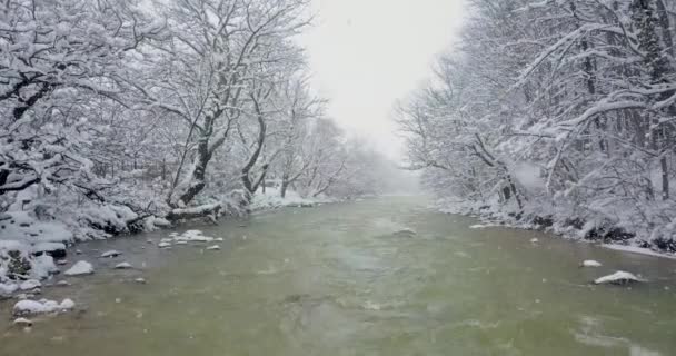 Volando Sobre Río Invierno Tiempo Nevado Cuando Cae Nieve — Vídeos de Stock