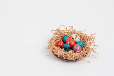 Dolapta Paskalya için çok renkli bıldırcın yumurtaları var.