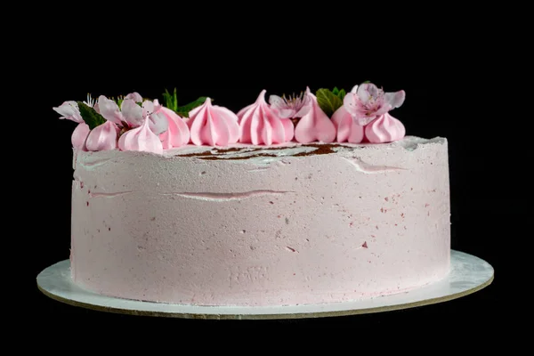 Bolo Marshmallow Rosa Fundo Preto Com Uma Máquina Pintada — Fotografia de Stock