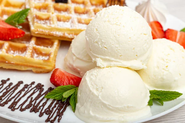 Chocolate Dessert Ball Ice Cream Waffles — Stock Photo, Image