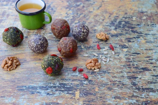 Homemade Healthy Raw Vegan Assorted Energy Balls Seeds Nuts — Stock Photo, Image