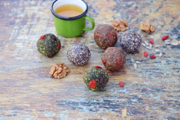 Homemade Healthy Raw Vegan Assorted Energy Balls Seeds Nuts — Stock Photo, Image