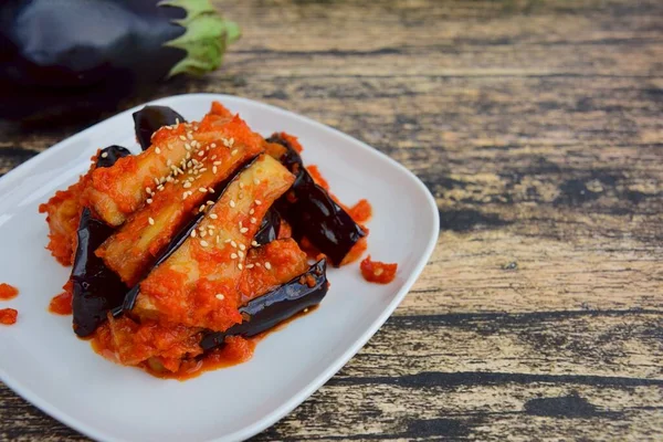 Terong Balado Indonesian Food Fried Eggplant Chili Sauce Garnish Sesame — Foto Stock