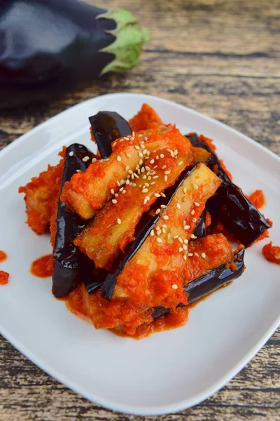 Terong Balado Indonesian Food Fried Eggplant Chili Sauce Garnish Sesame — Foto Stock