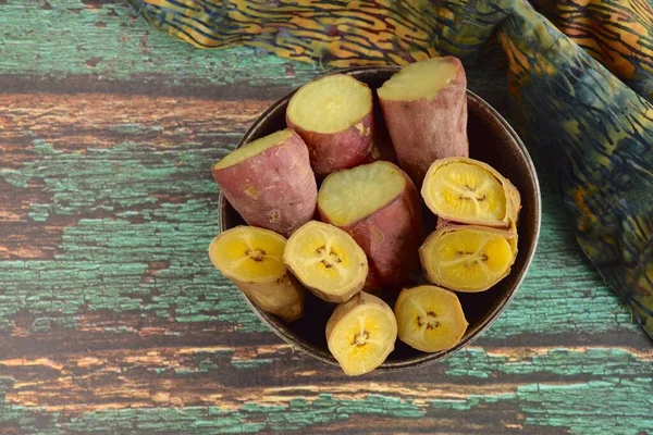 Pisang Ubi Rebus Steamed Saba Banana Sweet Potatoes Popular Traditional — Stock Photo, Image