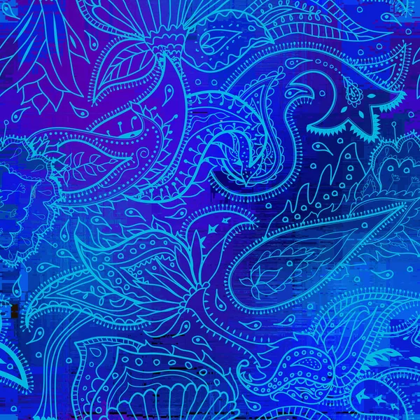 ペイズリー模様 ブルーのグランジの背景にインド風のシームレスなパターン ベクトル画像 — ストックベクタ