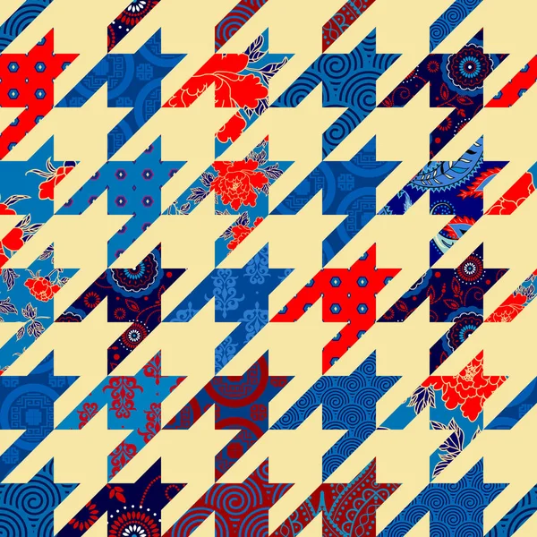 Naadloos Geometrisch Patroon Blauwe Honden Tand Patroon Patchwork Stijl Vectorafbeelding — Stockvector